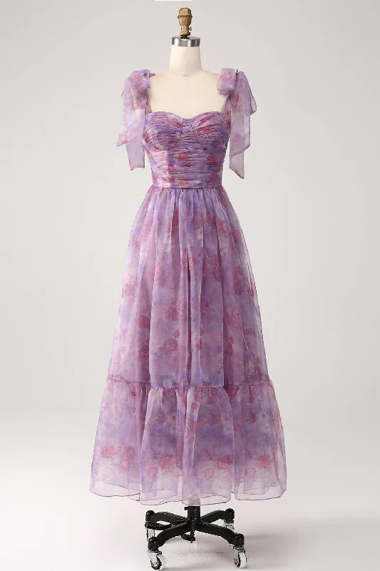 Asymmetric Hem Party Dress for Unique -Purple Printed A Line Pleated Long Prom Dress