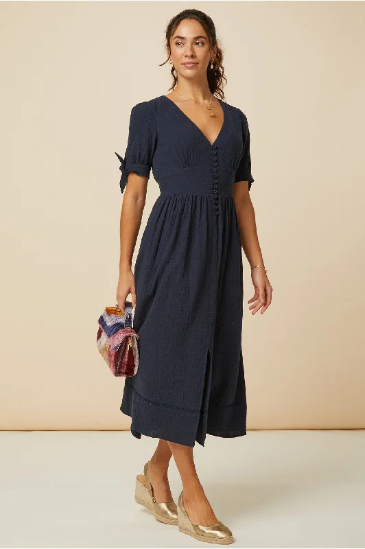 Wool Dresses for Warmth -Olga Cheesecloth Dress | Navy