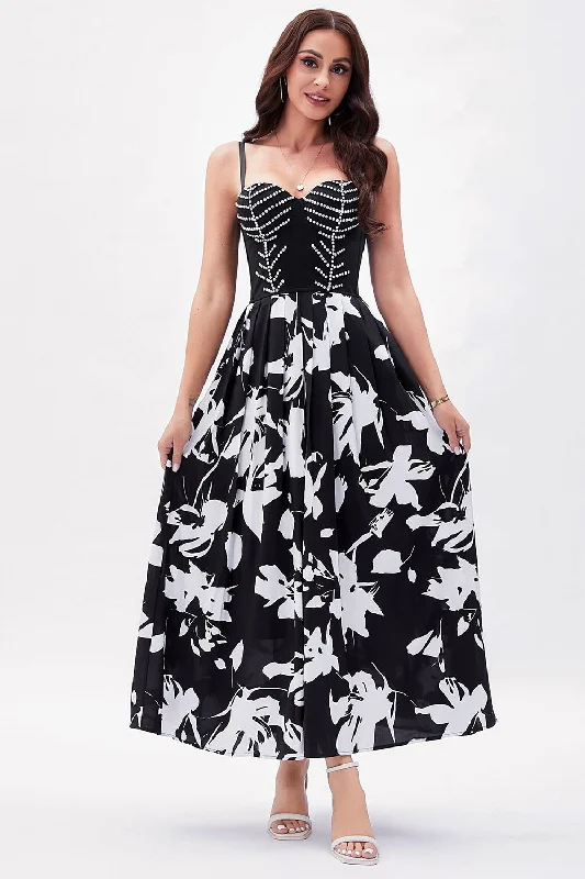 Party Dress for Birthday Party -Black White Flower Printed A-Line Spaghetti Straps Party Dress