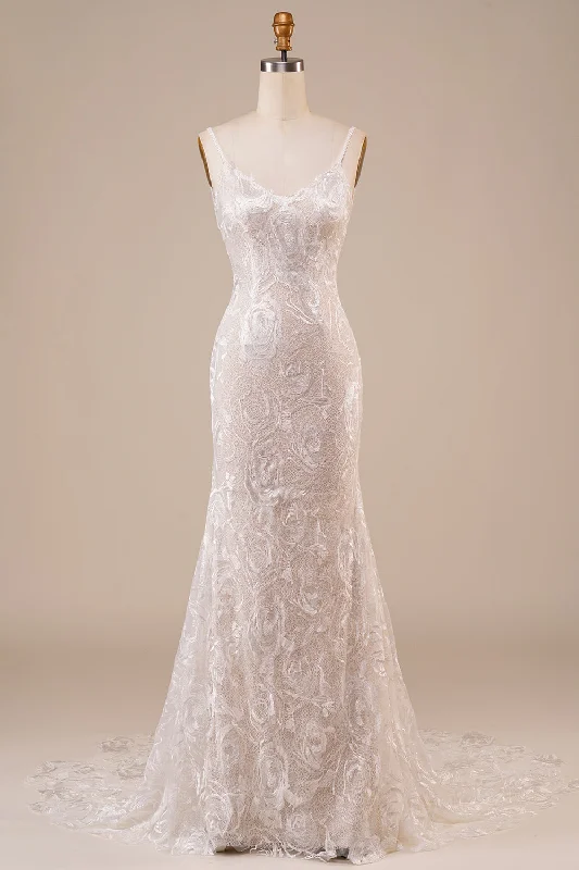 Cotton Dresses for Comfort -Backless Lace Ivory Wedding Dress with Sweep Train