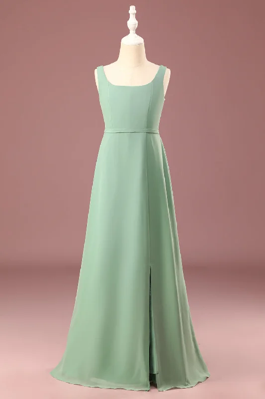 Wedding Dresses for Bridal Look -Matcha Square Neck Sleeveless A-line Chiffon Maxi Junior Bridesmaid Dress