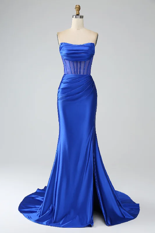 A Line Party Dress for Flattering Fit -Royal Blue Mermaid Strapless Pleated Corset Long Prom Dress with Slit