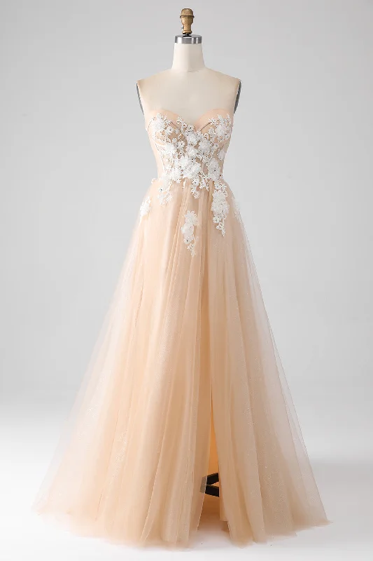 Chiffon Party Dress for Flowy Look -A-Line Champagne Strapless Corset Prom Dress with Appliques