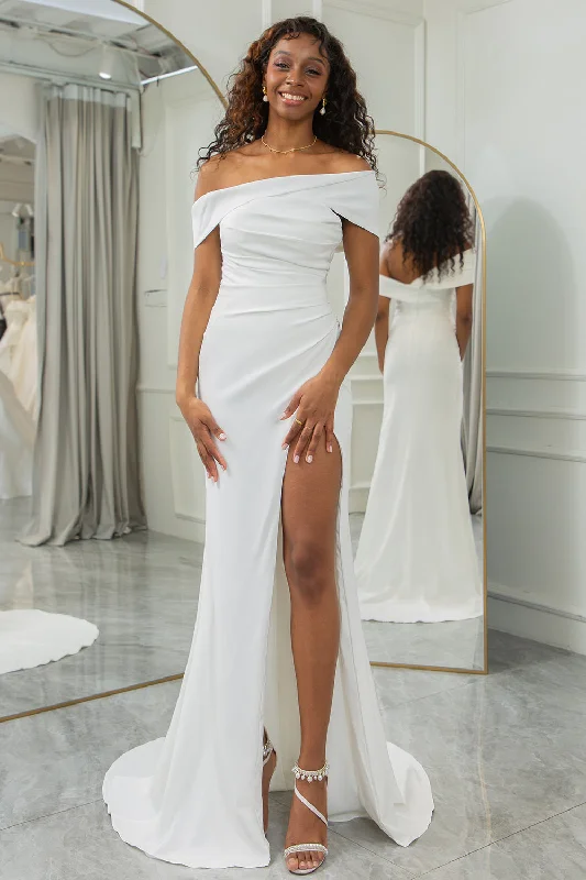 Fashionable Dresses for Style -Simple Ivory One Shoulder Draped Wedding Dress with Slit