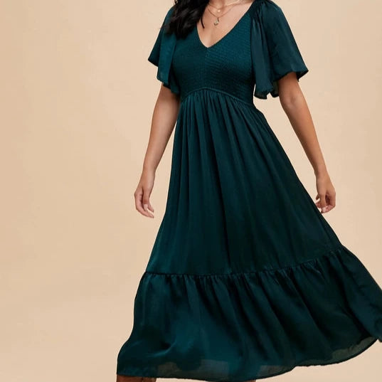 Minimalist Dresses for Simplicity -Women's Smocked Satin Midi Dress in Emerald