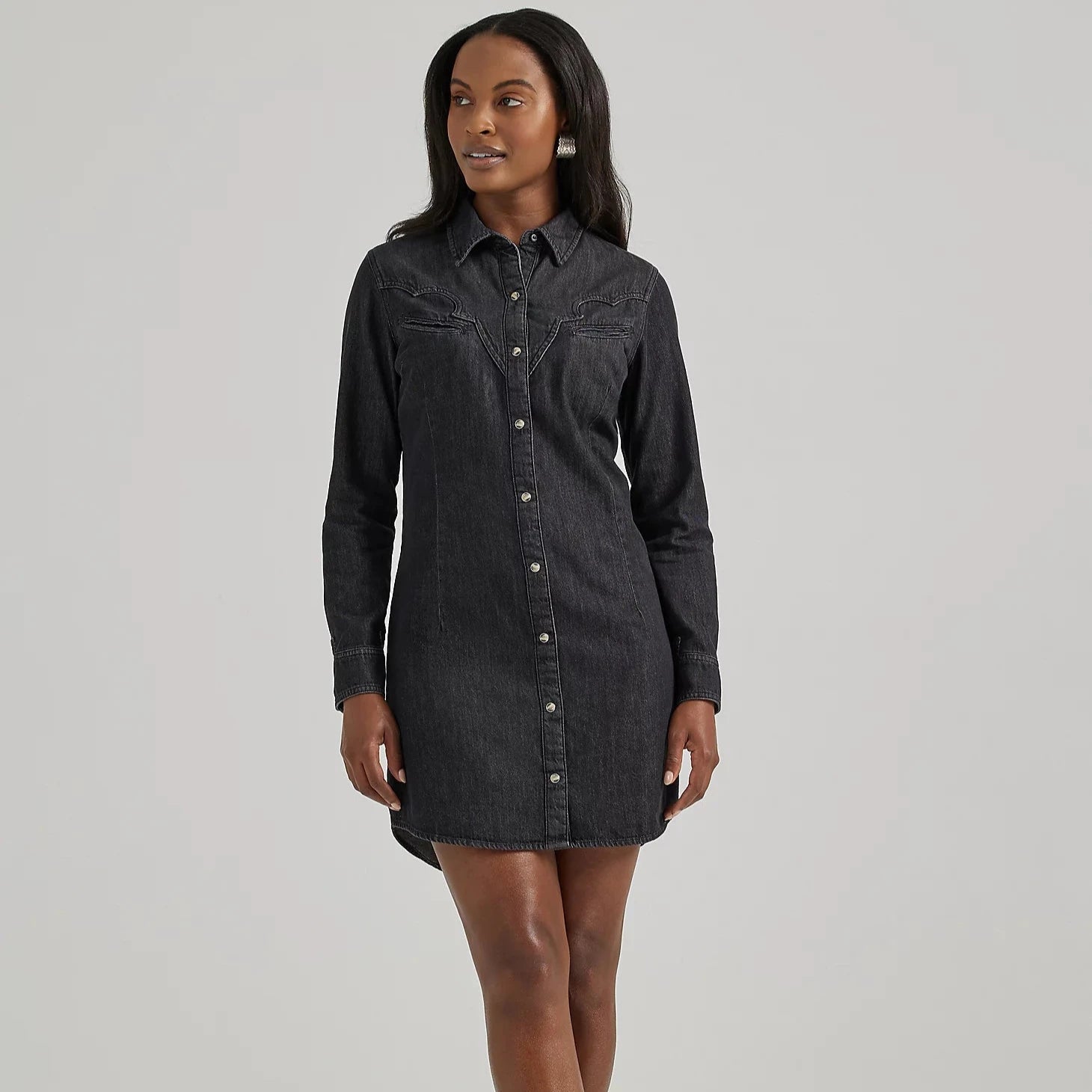 Fringed Dresses for Edgy -Wrangler Retro Women's Scallop Yoke Denim Western Snap Shirt Dress in Black