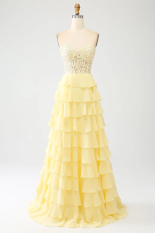 Beaded Party Dress for Luxurious Look -Yellow Sweetheart Tiered Long Prom Dress