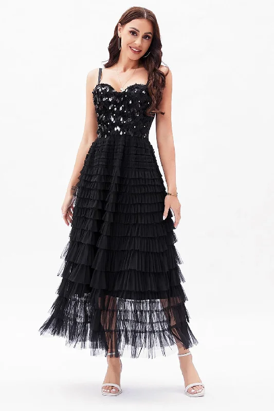 Embroidered Party Dress for Detailed -Black A-Line Tulle Tiered Corset Party Dress