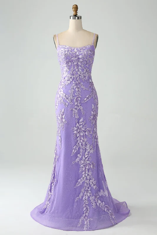 Party Dress for Nightclub Party -Mermaid Lilac Spaghetti Straps Long Prom Dress with Appliques