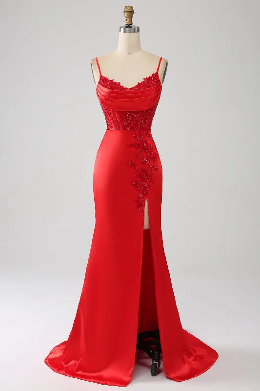 Red Party Dress for Statement Look -Satin Mermaid Beaded Red Prom Dress with Slit