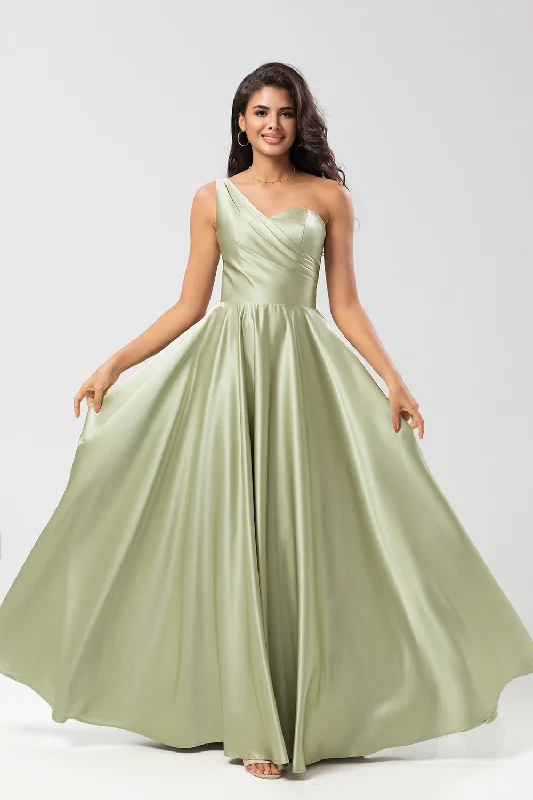 Shift Dresses for Simple Look -One Shoulder Satin Green Bridesmaid Dress with Pockets