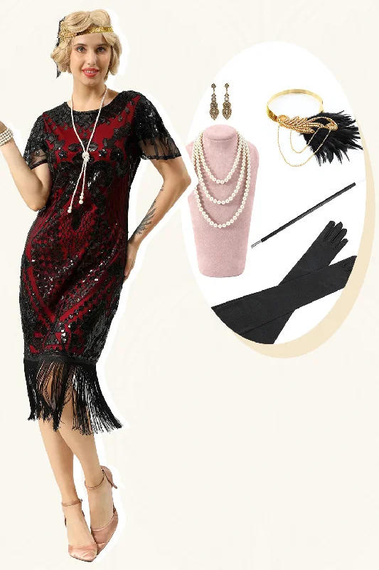 Cotton Dresses for Comfort -Black Red Sequins Fringed Cap Sleeves 1920s Dress with Accessories Set