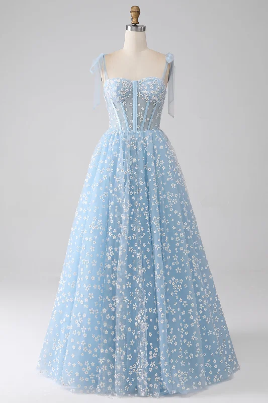 Lace Party Dress for Delicate Look -A-Line Spaghetti Straps Sky Blue Corset Prom Dress