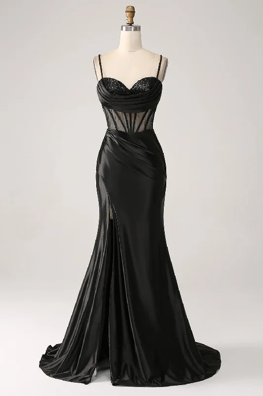 Open Back Party Dress for Sexy Appeal -Mermaid Sweetheart Black Satin Long Prom Dress With Beading