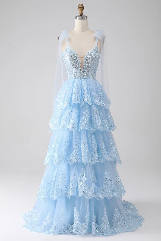 Party Dress for Engagement Party -Light Blue Sweetheart Bow Tie Straps Tiered Tulle Sequin Prom Dress with Appliques