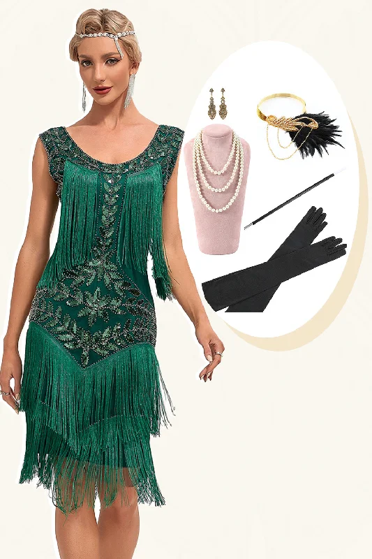 Brown Dresses for Earthy -Dark Green Sequins Fringes Great Gatsby Dress with Accessories Set