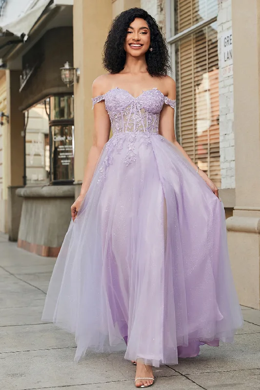 Silver Party Dress for Shiny Effect -Gorgeous A Line Off the Shoulder Purple Corset Prom Dress with Appliques