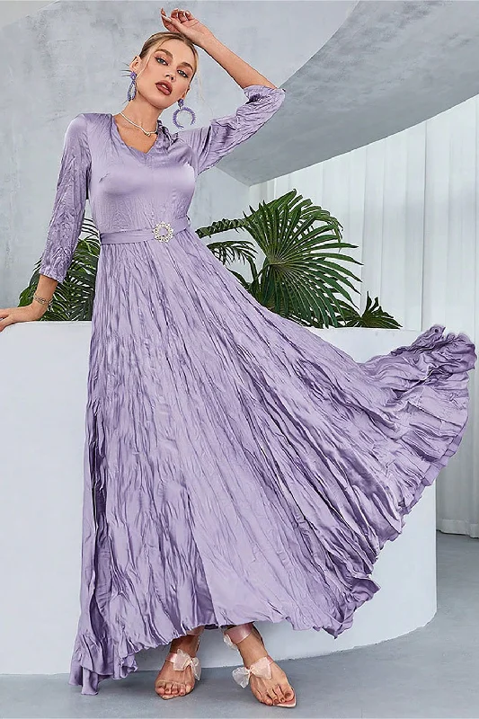 Off Shoulder Party Dress for Sexy Look -Lilac Pleated A Line Long Sleeves Prom Dress