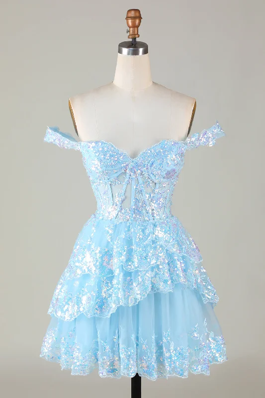 Silk Dresses for Luxurious -Sparkly Blue Corset Tiered Lace A-Line Short Homecoming Dress