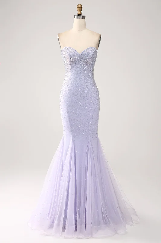 Long Sleeve Party Dress for Coverage -Lilac Mermaid Sweetheart Strapless Beaded Long Prom Dress