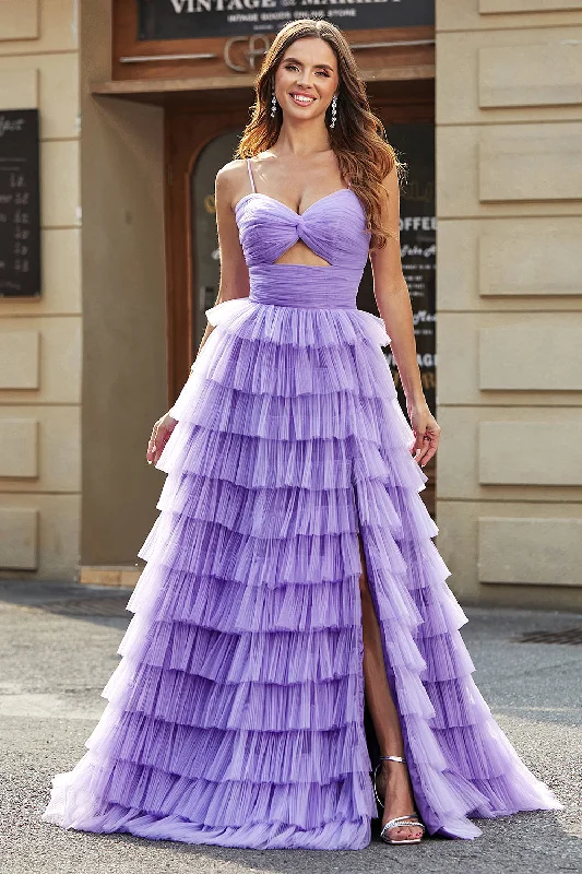 Open Back Party Dress for Sexy Appeal -Tulle A-Line Purple Tiered Long Prom Dress with Slit