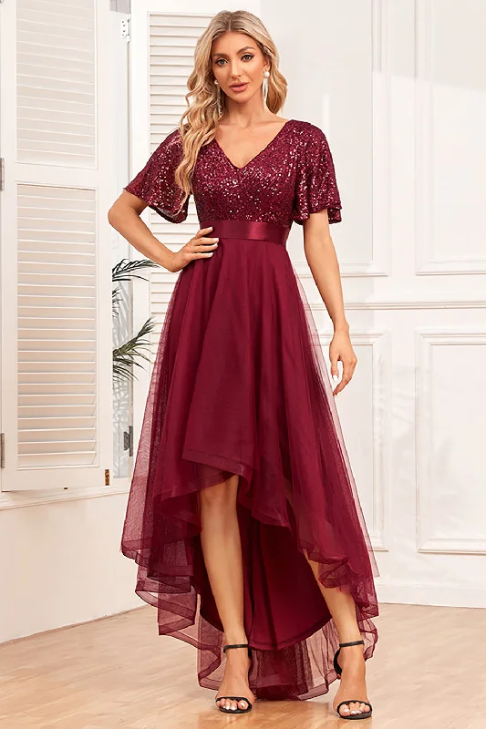 Party Dress with Belt for Stylish Look -Burgundy A-Line V Neck Short Sleeves High Low Prom Dress