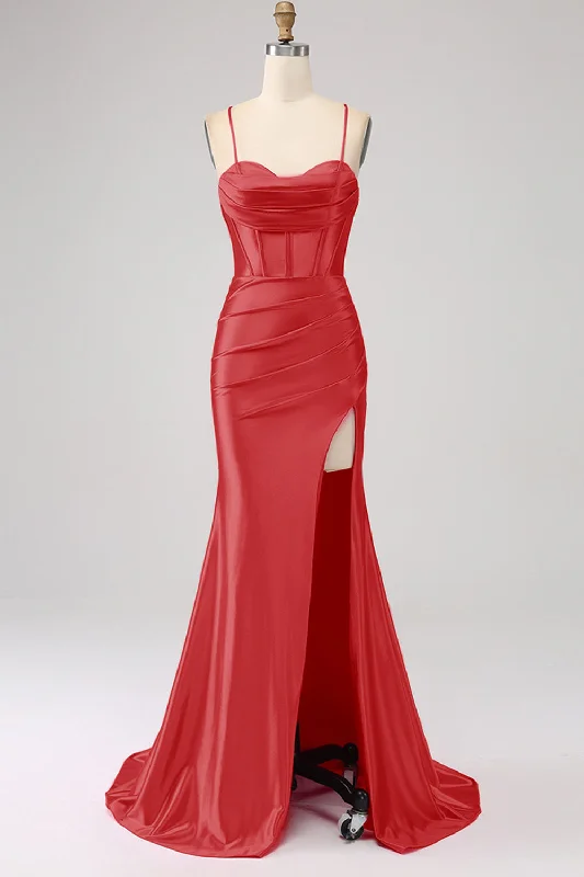 Satin Party Dress for Smooth Texture -Stunning Red Mermaid Spaghetti Straps Corset Prom Dress with Split Front