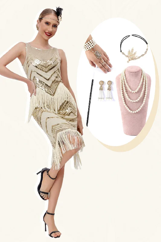 Wedding Dresses for Bridal Look -Champagne Glitter Fringes Gatsby Dress with Accessories Set