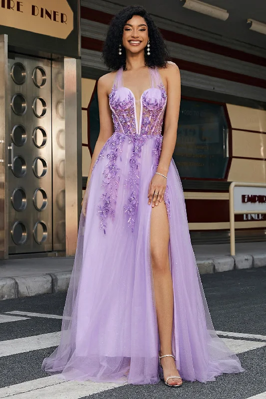 Appliqued Party Dress for Decorative -Gorgeous A Line Halter Neck Grey Purple Corset Prom Dress with Appliques