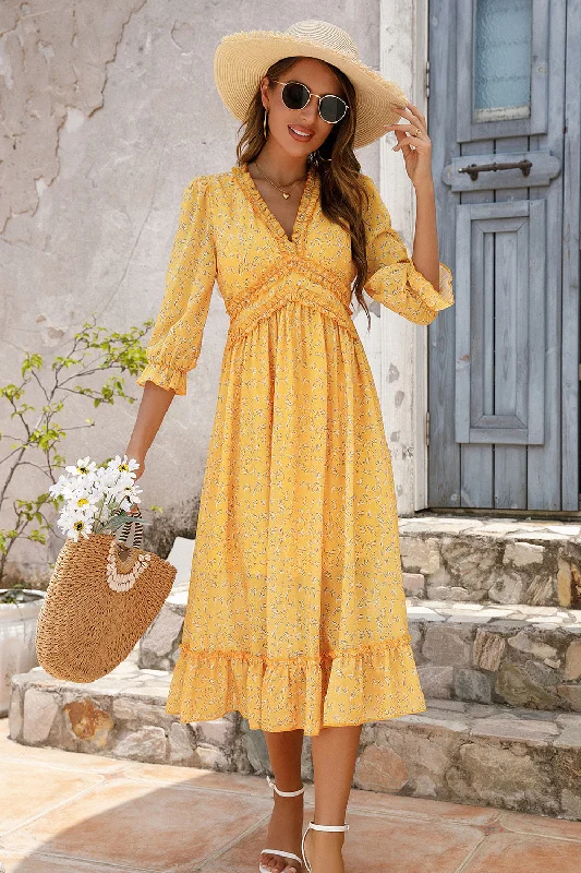 Off-shoulder Dresses for Feminine -Yellow Long Sleeves Floral Boho Maxi Dress