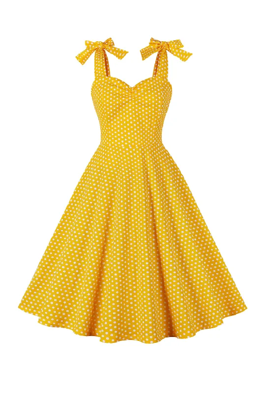 Modern Dresses for Trendy -Yellow Polka Dots Sleeveless Spaghetti Straps Vintage Dress