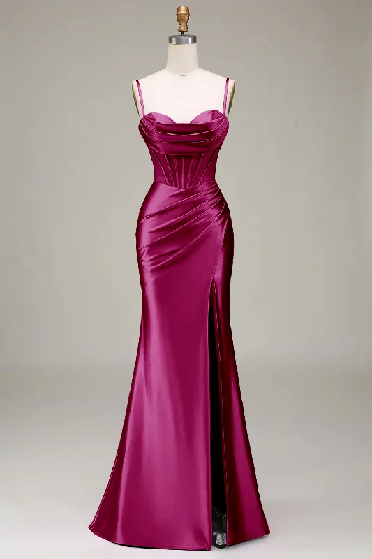 Low Waisted Party Dress for Relaxed -Burgundy Satin Spaghetti Straps Prom Dress with Corset