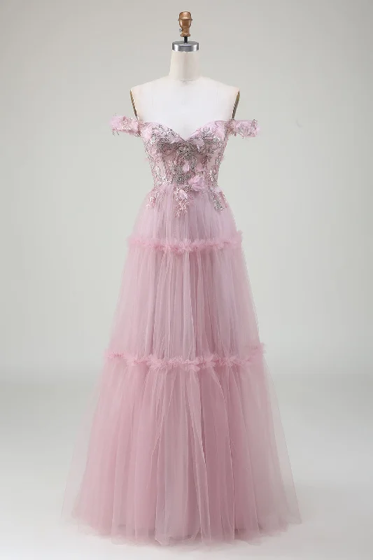 Party Dress for Modern Party -Off the Shoulder Tulle Pink Prom Dress with Appliques