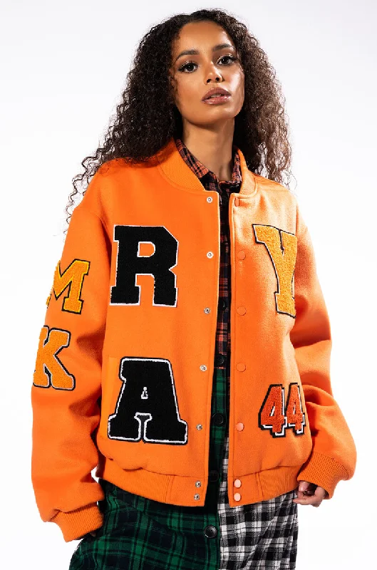 Embroidered Denim Dress for Detailed -ORANGE YOU HAPPY VARSITY BOMBER