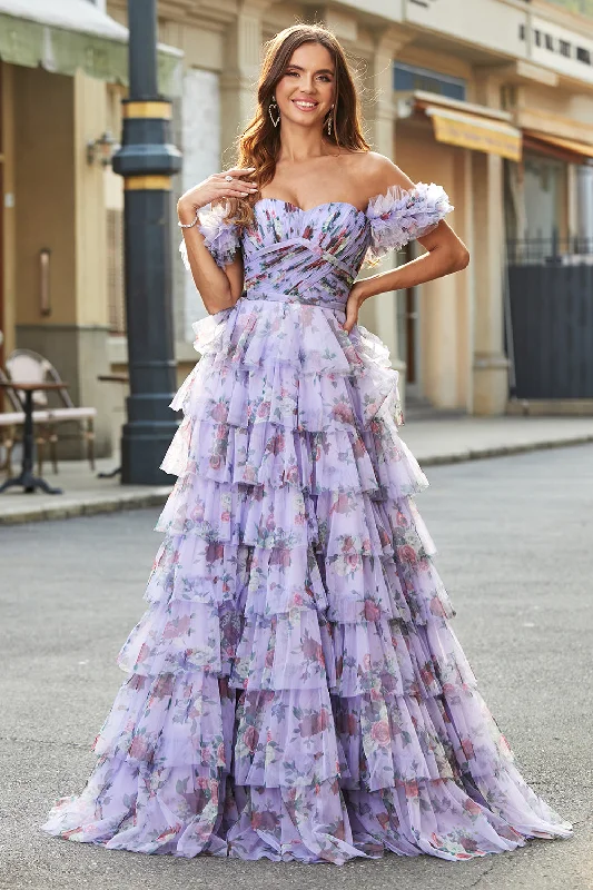 Ball Gown Party Dress for Grand Look -Gorgeous A Line Off the Shoulder Lavender Printed Long Prom Dress with Ruffles