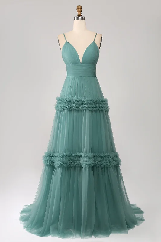 High Neck Party Dress for Modest Look -Green A Line Spaghetti Straps Tulle Long Prom Dress with Ruffles