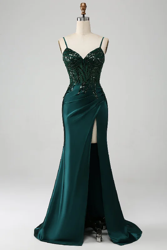 Low Waisted Party Dress for Relaxed -Sparkly Dark Green Mermaid Sequin Pleated Corset Prom Dress With Slit