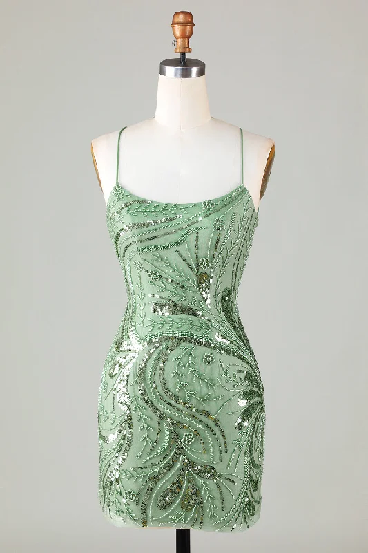 Belted Dresses for Shaping -Sparkly Sheath Spaghetti Straps Green Short Homecoming Dress with Criss Cross Back