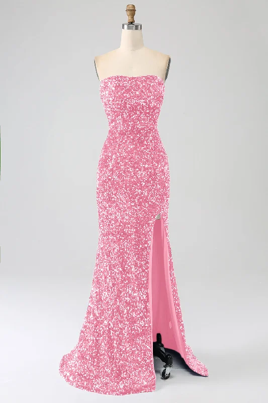 Printed Party Dress with Floral Pattern -Pink Mermaid Strapless Sequins Long Prom Dress With Slit