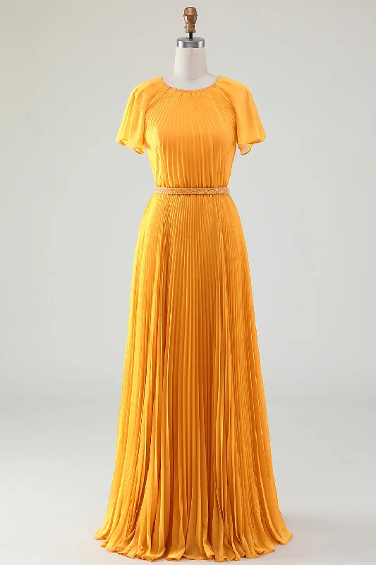 Retro Dresses for Throwback -A-Line Round Neck Pleated Yellow Mother of Bride Dress With Short Sleeves