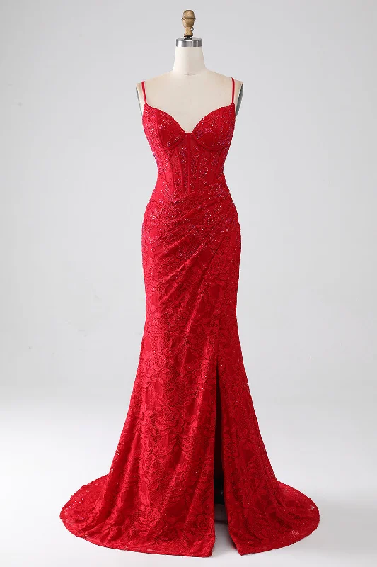 Party Dress for Office Party -Red Mermaid Spaghetti Straps Beaded Lace Applique Prom Dress With Slit