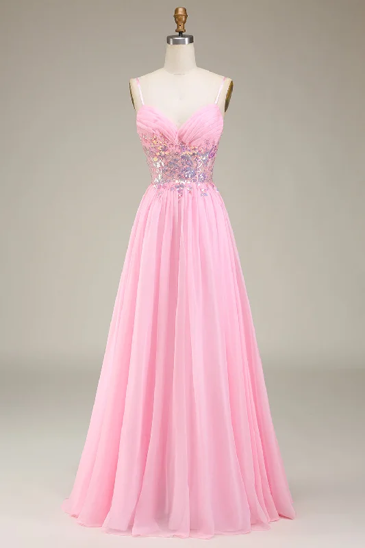 Party Dress for New Year's Eve -Pink Corset Spaghetti Straps A-line Prom Dress with Pleated