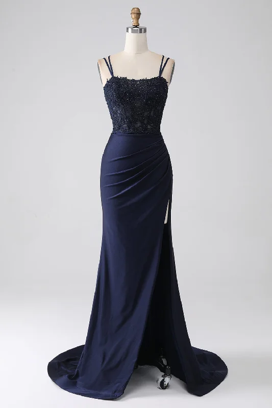 Party Dress for Wedding Reception -Mermaid Beaded Navy Prom Dress with Ruffles