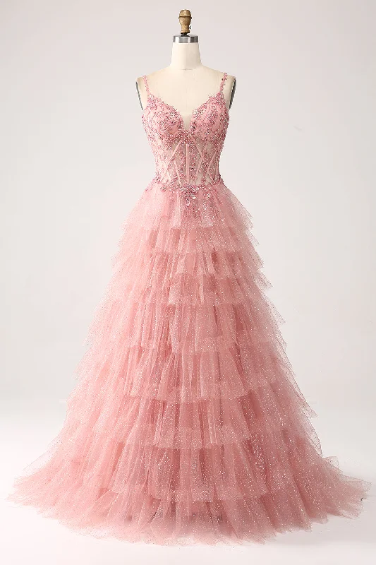 Midi Party Dress for Versatile Wear -Blush A-Line Spaghetti Straps Tiered Tulle Corset Long Prom Dress