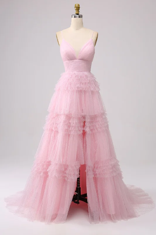 Tiered Party Dress for Voluminous Look -A Line Spaghetti Straps Light Pink Long Prom Dress with Ruffles