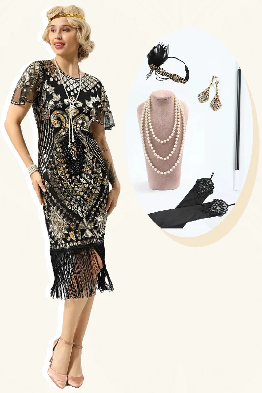 Linen Dresses for Breathable -Black Sequins Fringed Cap Sleeves 1920s Dress with Accessories Set