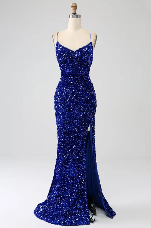 Short Sleeve Party Dress for Casual -Sparkly Royal Blue Mermaid Spaghetti Straps Sequin Long Prom Dress With Split