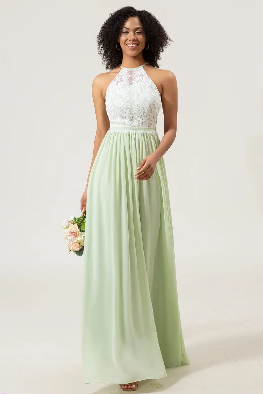 Party Dresses for Celebration -A-Line Halter Neck Dusty Sage Lace and Chiffon Long Bridesmaid Dress