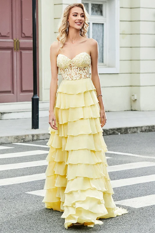 Party Dress for Christmas Party -Gorgeous A Line Sweetheart Yellow Corset Prom Dress with Appliques Ruffles