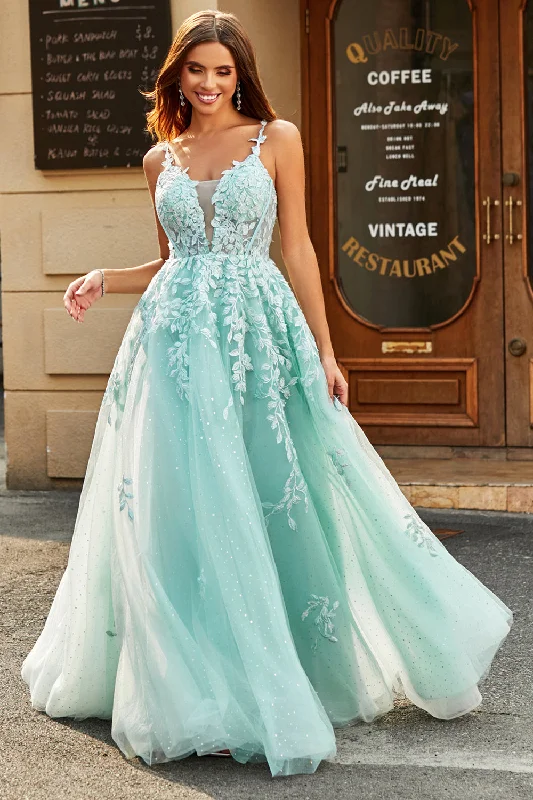 Ruffled Party Dress for Girly Look -Mint Ball-Gown Detachable Sleeves Beaded Prom Dresses With Appliques